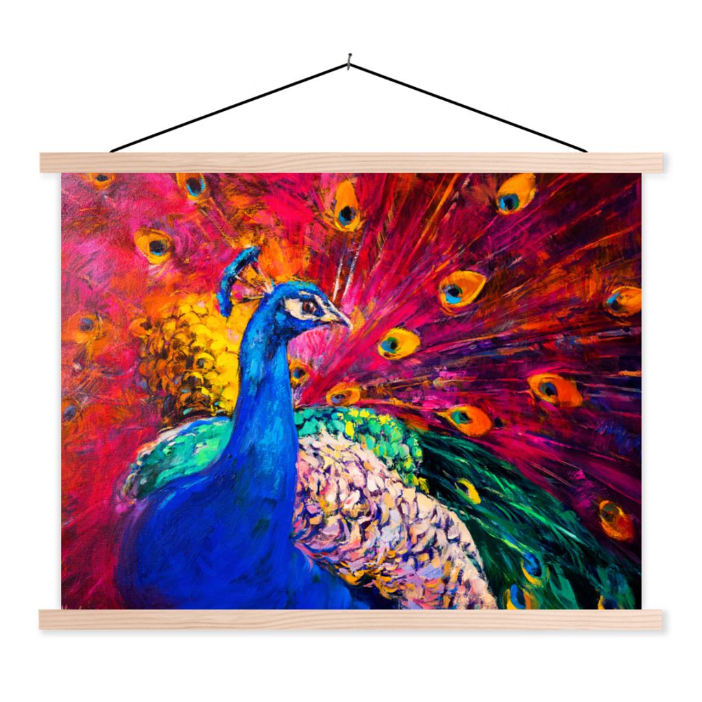 MuchoWow Textilposter Gemälde - Vogel - Pfau - Ölgemälde 120x90 cm mit holzfarbenen Rahmen - Magnetisch
