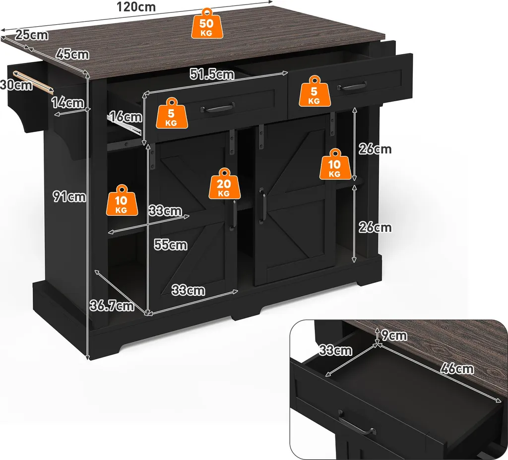 Desserte de Cuisine Mobile Noire, Buffet avec Plan de Travail Extensible