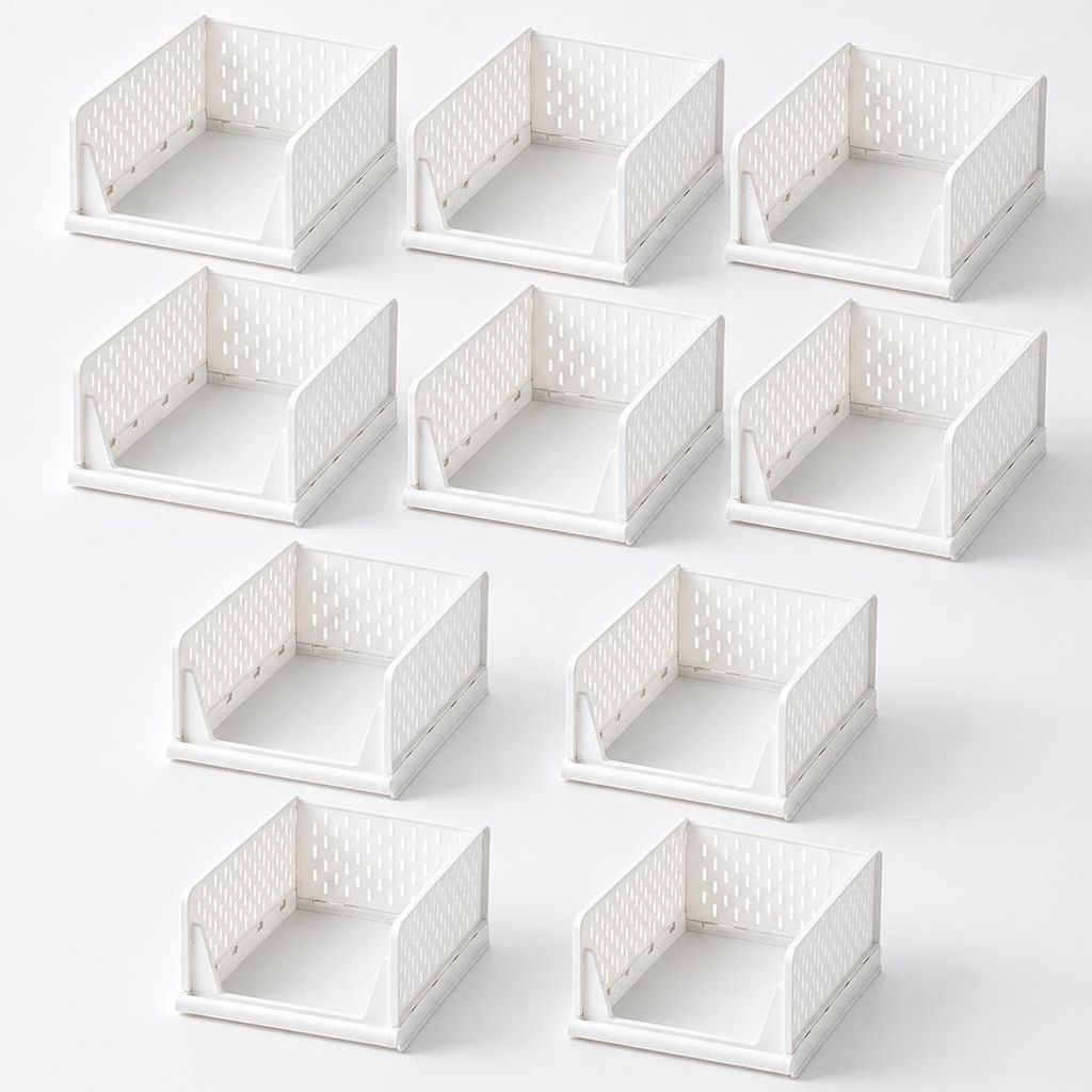 Deuline 10 x Schrank-Organizer klappbar, Kleiderschrank-Organizer stapelbar, ausziehbarer Korb, Aufbewahrung und Organisation, Kunststoff, Weiß 52...