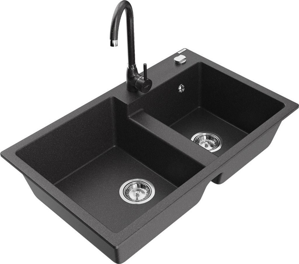 Mexen Tomas 2-Becken-Granitspüle mit Mischbatterie Telma, Schwarz gesprenkelt - 6516-76-670200-76