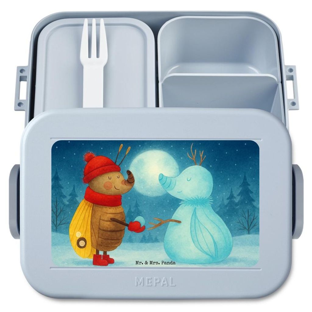 Mr. & Mrs. Panda Bento Box Nachtfalter Schneemann Design - Blau Pastell - Geschenk, Essensbox, Lebensmittelbehälter, Weihnachtsgruß, Bentobox, Sn...