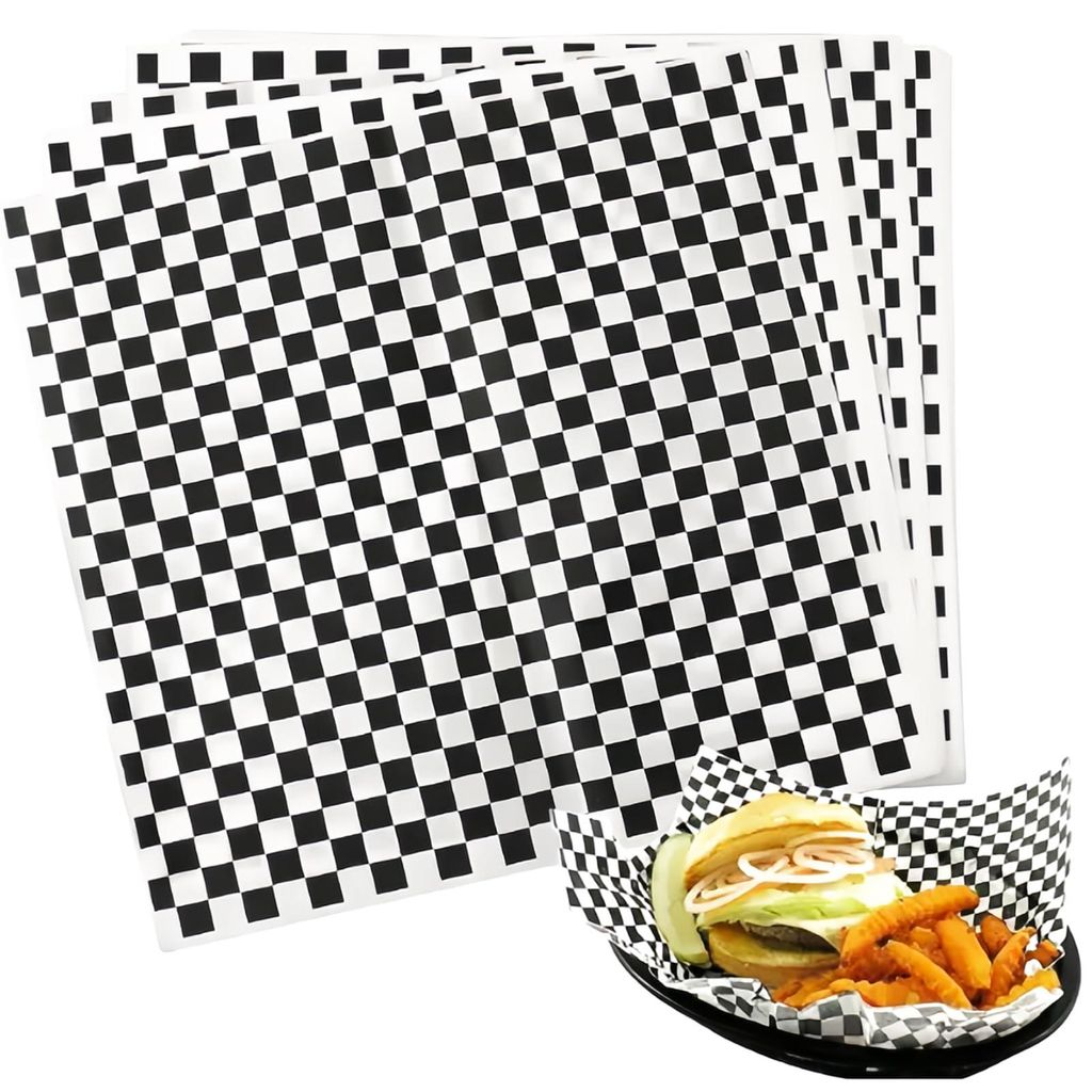 100 Blatt Feinkostpapier, Korbeinlagen, ölbeständiges Backpapier für Hamburger, Sandwiches, Kuchen, Pommes frites (18x18 cm, schwarz-weiß kariert)