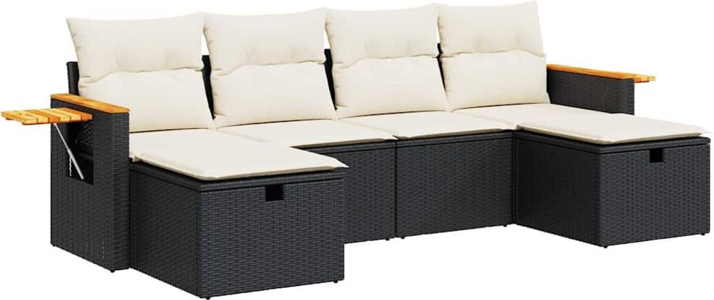 vidaXL 6-tlg. Garten-Sofagarnitur mit Kissen Schwarz Poly Rattan