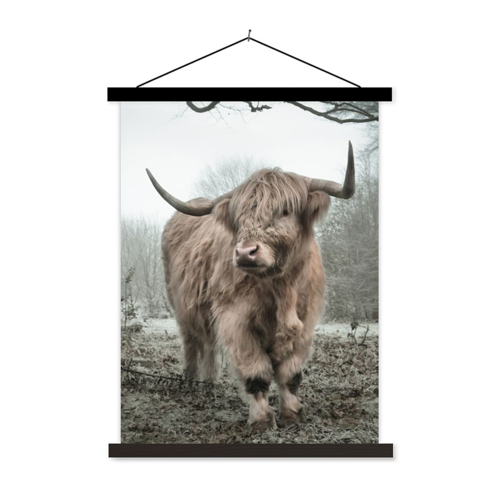 MuchoWow Textilposter Schottische Highlander - Natur - Herbst - Tiere - Wildtiere - Wald 120x160 cm mit schwarzem Rahmen - Magnetischer