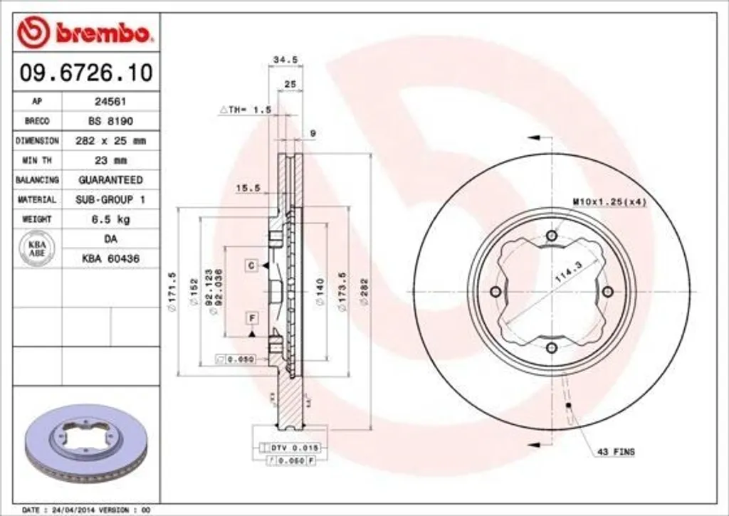 Disque de Frein Brembo Haute Performance 09.6726.10 Standard Fonte