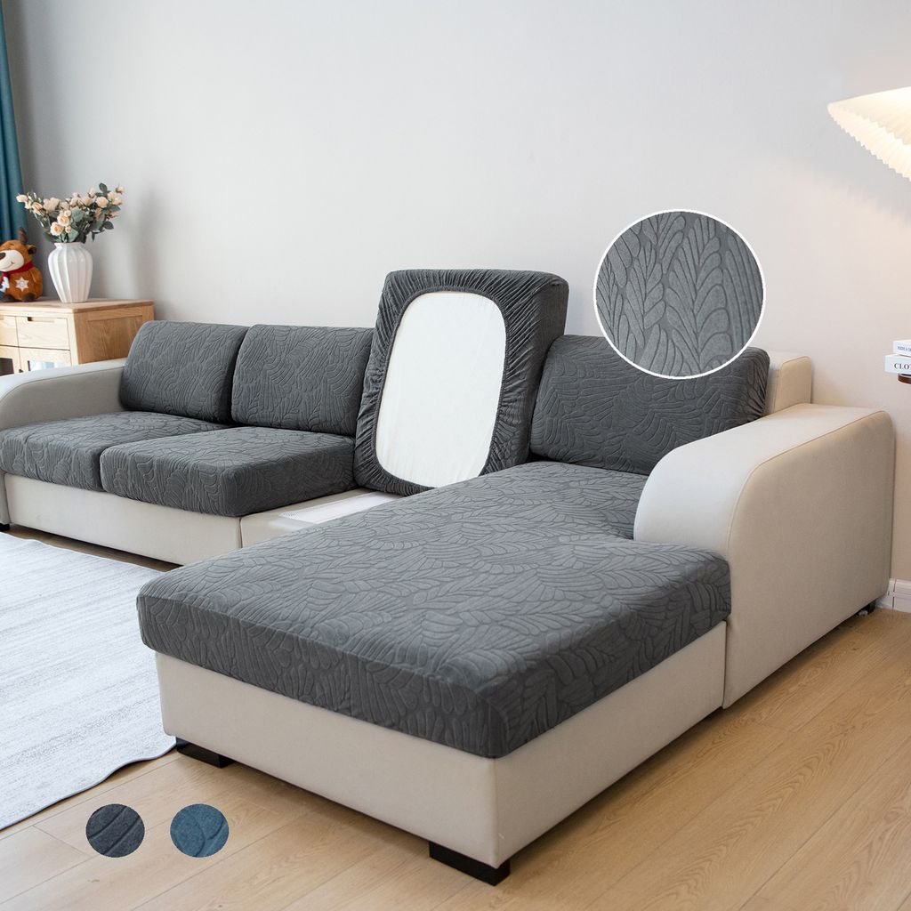 Sofa Überzug Jacquard Blätter für 1-Sitzer, Sofa Bezug Gummiband rutschfest, Sitzkissen Bezug Elastisch Universal Dunkelgrau