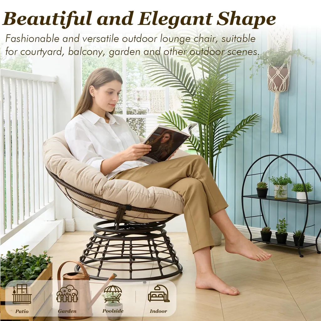 Fauteuil de Lecture Pivotant 360° Design Beige avec Structure Métallique - 5