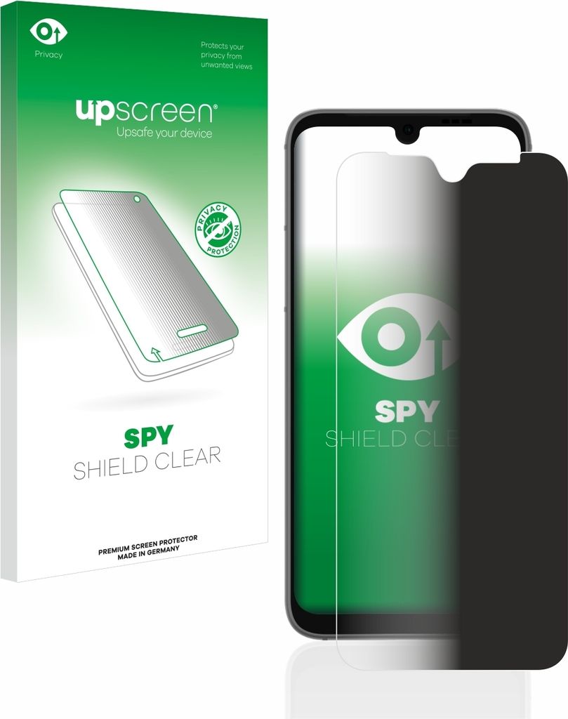 A product package for a phone screen protector is shown next to a phone with the screen protector applied.