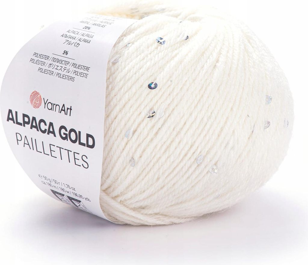 A ball of white yarn with silver sequins, with a label attached.