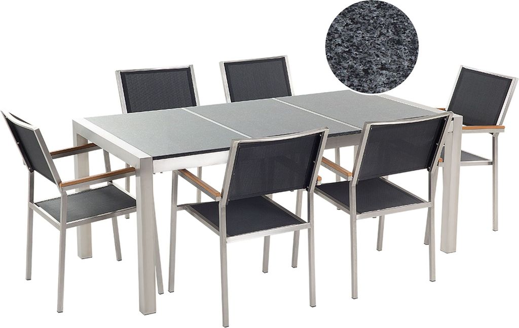 BELIANI Gartenmöbel Set Grau Schwarz Granit Edelstahl Tisch 180 cm mit 3 Platten Poliert 6 Stühle Terrasse Outdoor Modern