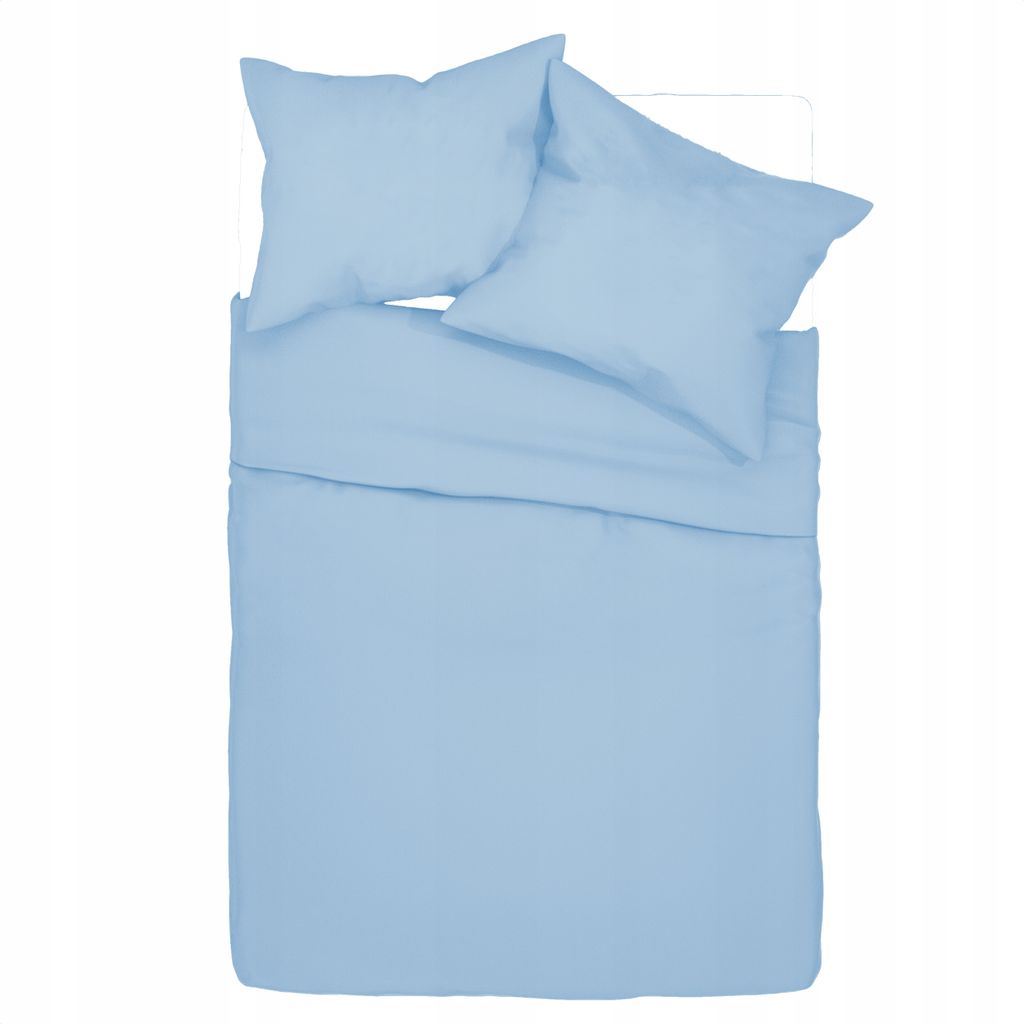 A top-down view of a light blue duvet and two pillows on a bed.