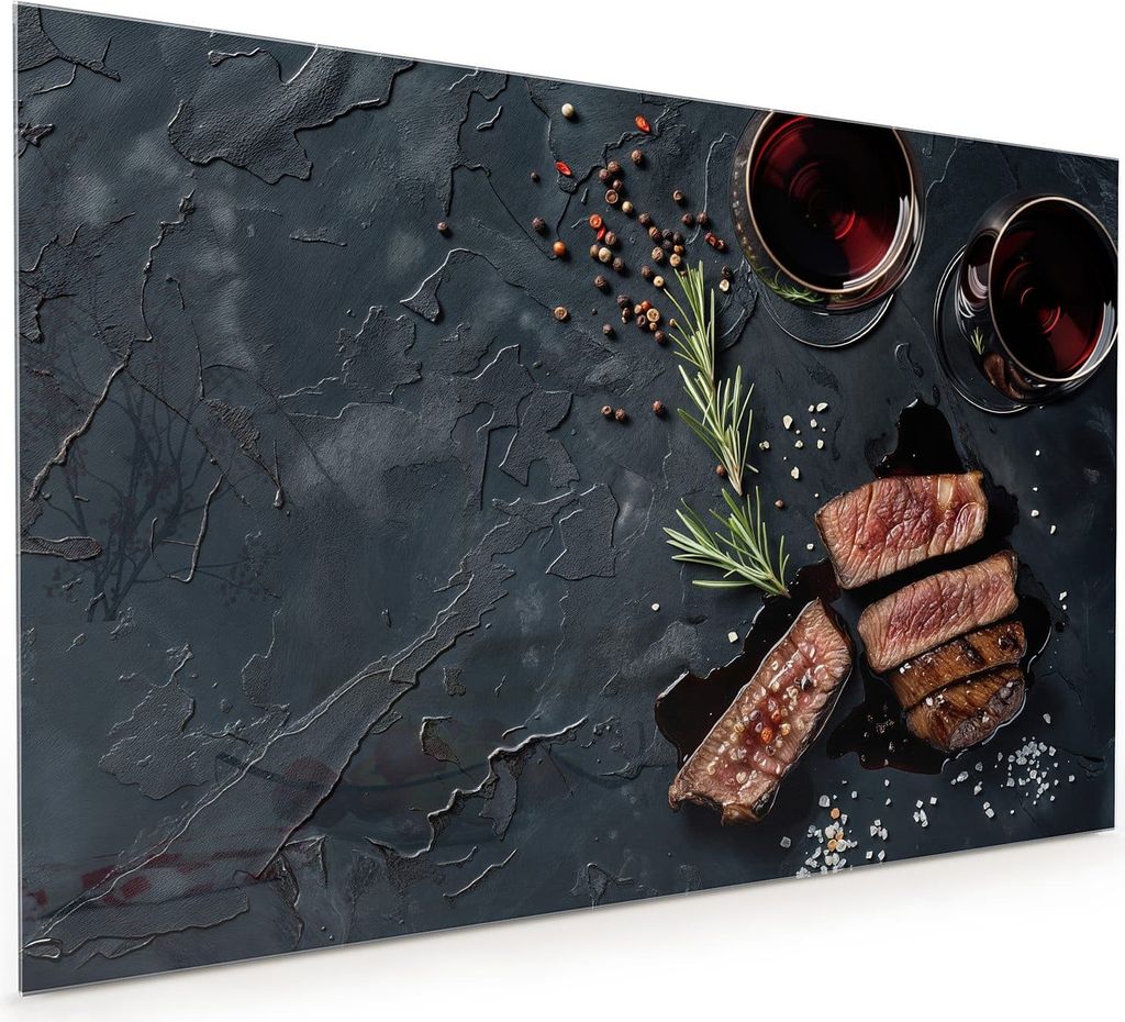 Küchenrückwand Spritzschutz Glas mit Motiv Steak und Rotwein 40 x 40 cm