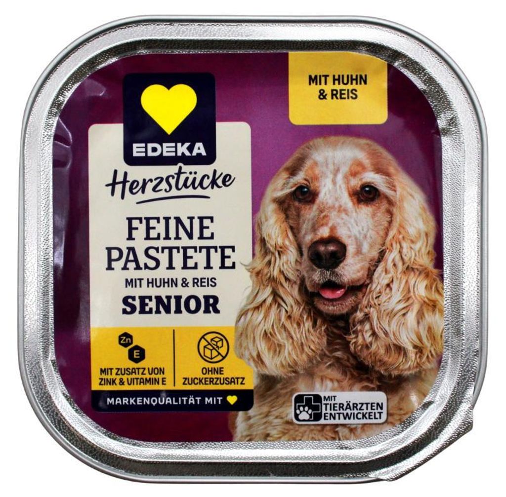 Herzstücke Feine Pastete Senior Hundefutter mit Huhn und Produktbild 