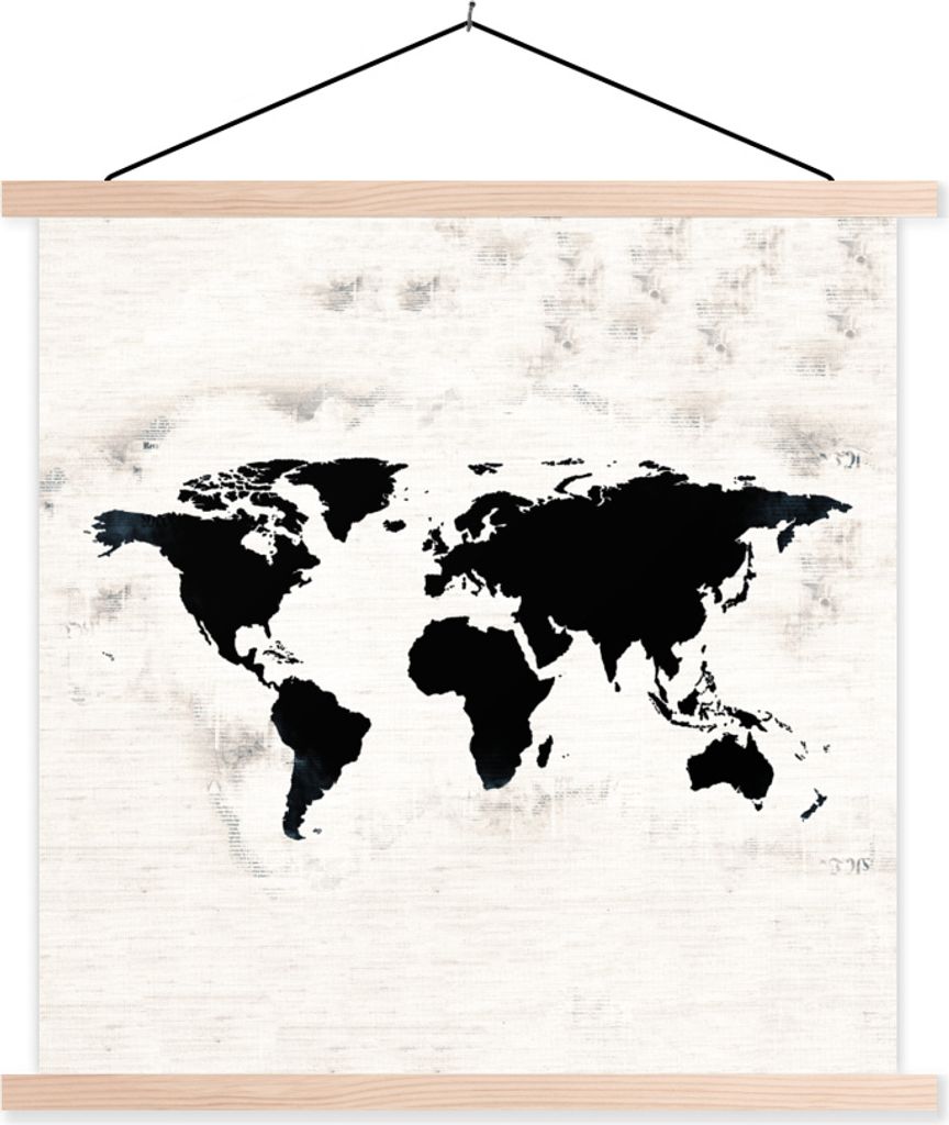 MuchoWow Textilposter Weltkarte - Schwarz - Holz 120x120 cm mit holzfarbenen Rahmen - Textil-Poster