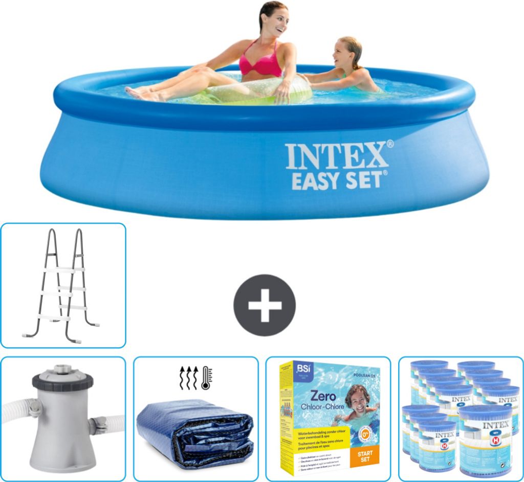 Intex runder aufblasbarer Easy Set-Schwimmpool – 244 x 61 cm – Blau – inklusive Pumpe Sonnensegel - Wartungspaket - Filter - Leiter