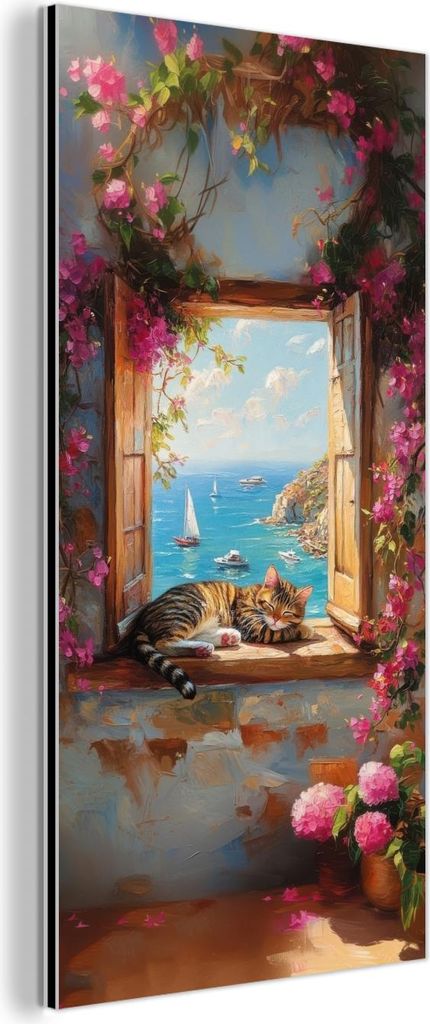 MuchoWow Wanddekoration Metall Metallbild Wandkunst 40x80 cm Katze - Blaues Meer - Rosa Blumen MuchoWow Aluminium Gemälde - Wanddekoration - Indus...
