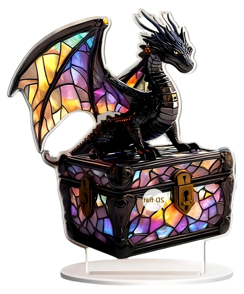 2D Drachenfiguren aus Acryl, Deko-Skulpturen mit Wächter-Schatzkisten, Ideal für Bücherregal- und Wohnzimmerdekoration, Drachen-Dekoration für ...