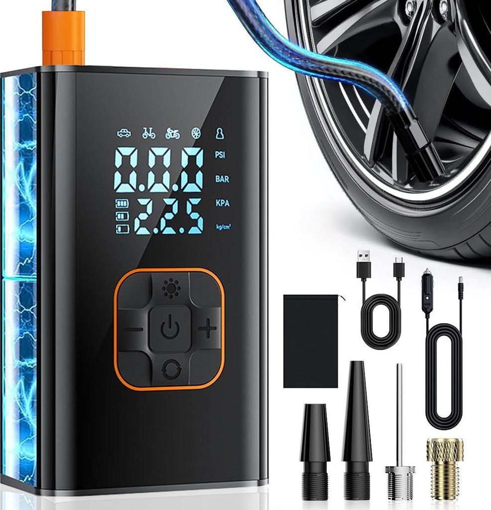 150 PSI elektrische Reifenpumpe fürs Auto, 2000mah*2 Starthilfe Powerbank, Akku Kompressor mit Display & LED Licht