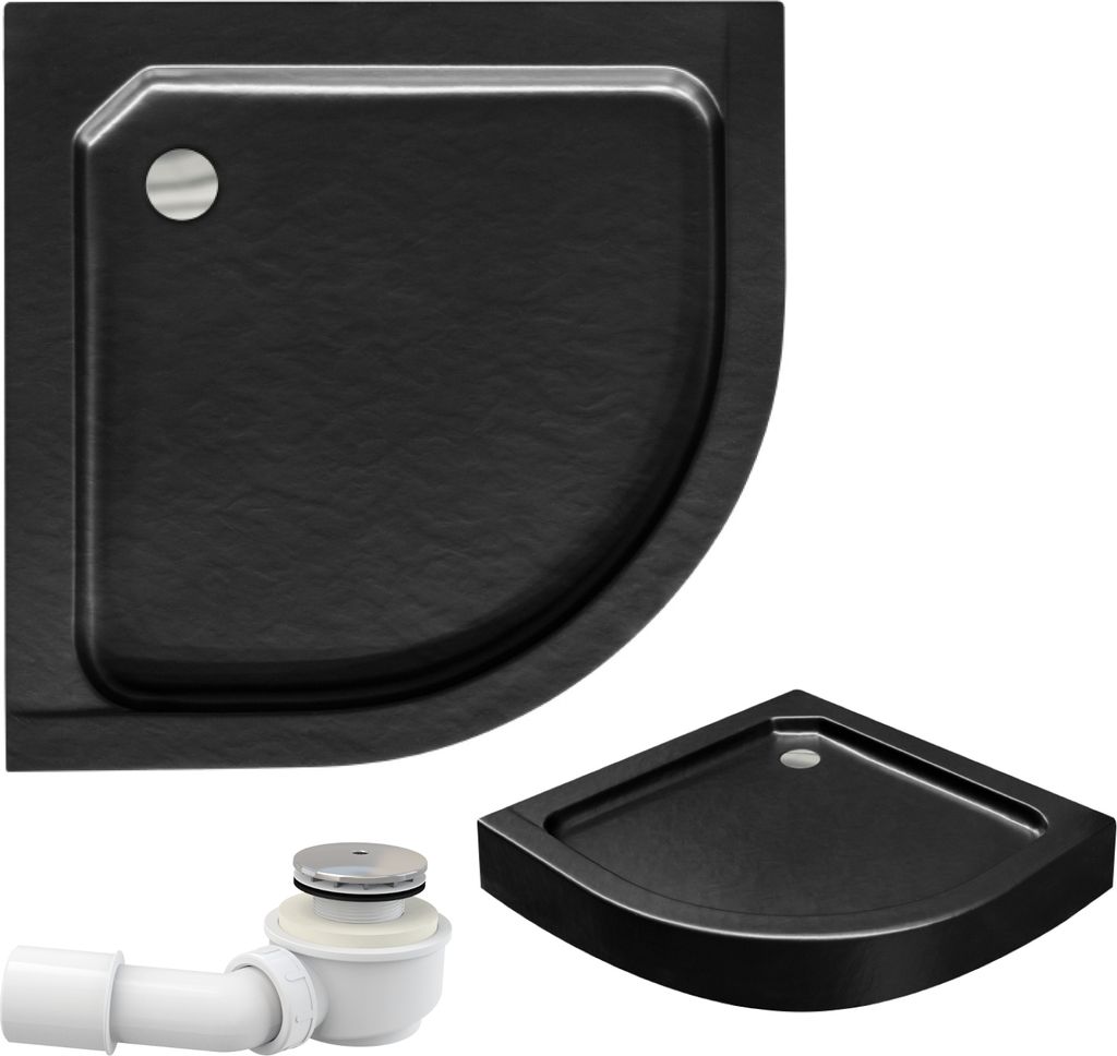 A black shower tray and a drain fitting are displayed against a white background.