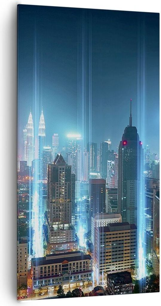 Bild auf Leinwand - Leinwandbild - Stadt Nacht Straße - 65x120cm - Wand Bild - Wanddeko - Leinwanddruck - Bilder - Kunstdruck - Wanddekoration - L...