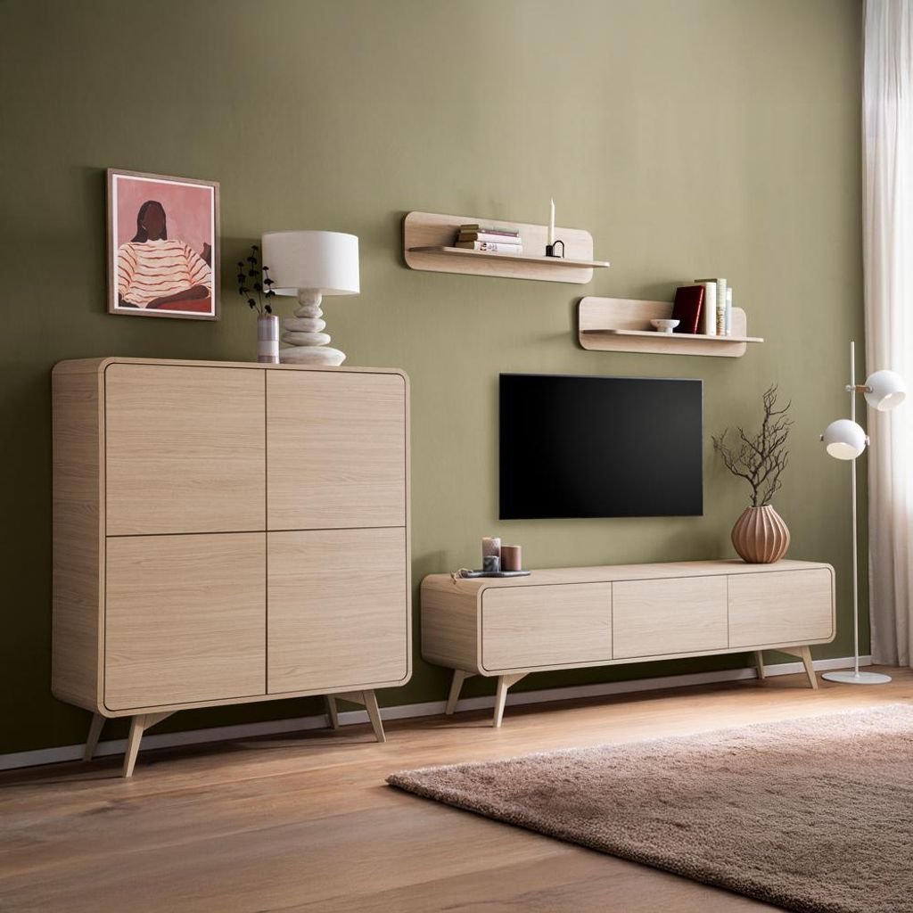 Wohnwand in Eiche minimalistisches Design, Highboard, Lowboard & Wandregale, 4-teilig - TULSA-61