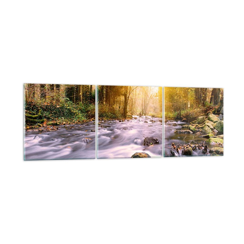 Bilder auf glas - Herbst Wald Berg Fluss - 90x30cm - Glasbilder - Wandbilder - Kunstdruck - zum Aufhängen bereit - Wanddekoration aus Glas - Glas ...