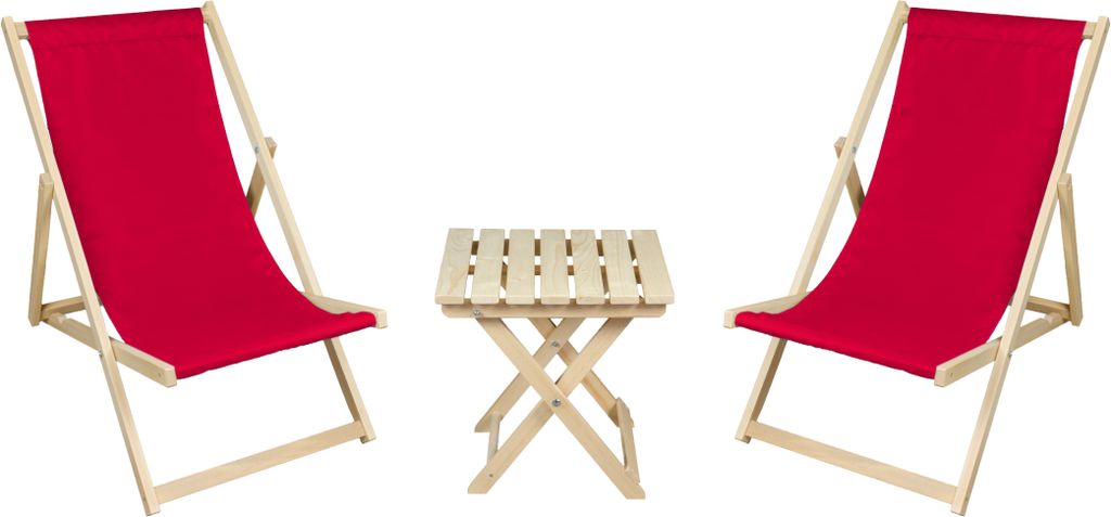 2 x Liegestuhl + Beistelltisch Strandliege Holz Sonnenliege Gartenliege Gartentisch Rot