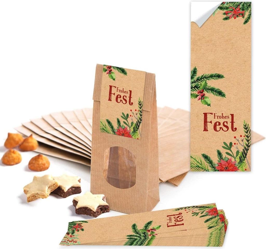 Logbuch-Verlag 100 braune Weihnachtstüten m. Fenster u. Folieneinlage + Weihnachtsaufkleber Weihnachtsplätzchen lebensmittelechte Verpackung Geb...