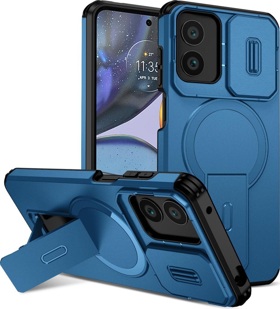 Magnetisch Hülle für Motorola Moto G22/Moto G Play 2024 4G, Dual Layer Stoßfest Handyhülle mit Dia Kameraschutz, Verstellbarem Ständer Blau