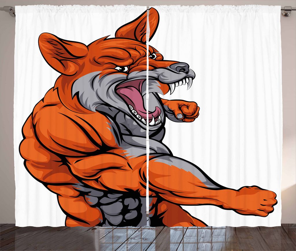 ABAKUHAUS Fuchs Rustikaler Vorhang, Muskulös Sport Fox-Maskottchen, Wohnzimmer Universalband Gardinen mit Schlaufen und Haken, 280 x 245 cm, Orang...