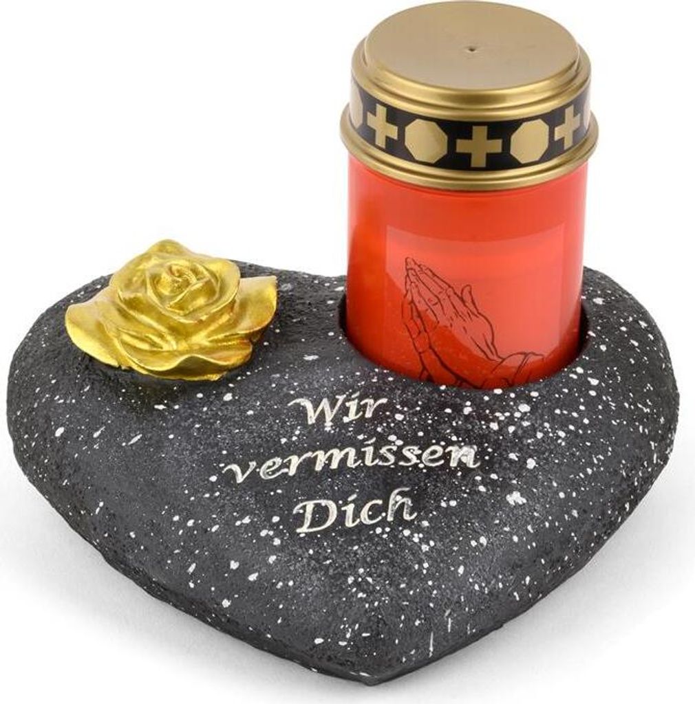 Novaliv Grabschmuck I Grabengel Grabdeko Grabherz grabdekoration Engel für Friedhof grablaterne Engel (Herz Rose schwarz, Grablicht rot)
