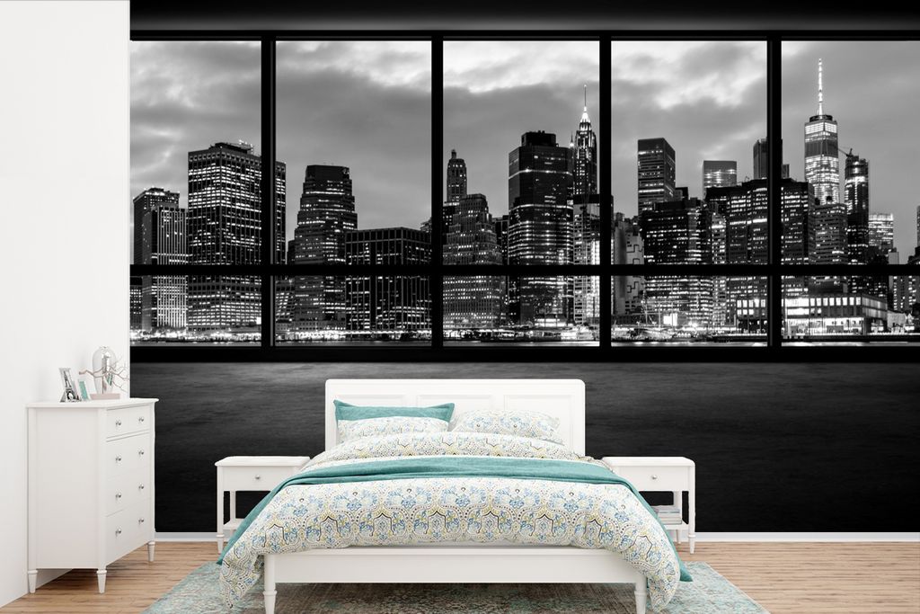 MuchoWow Fototapete für Wohnzimmer oder Schlafzimmer Wandtapete Vinyl Motivtapete Große Fenster bieten einen Blick auf die amerikanische Stadt ...
