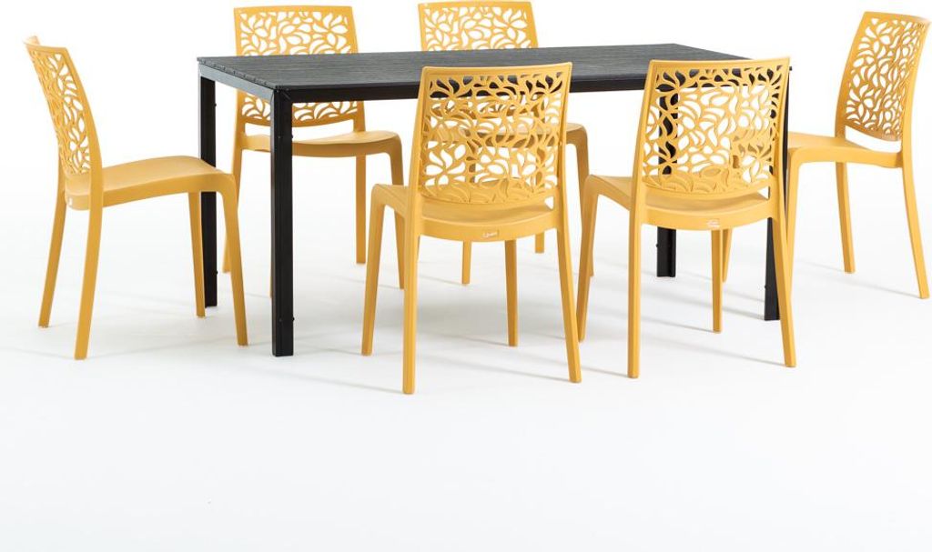 Outdoor-Essset mit rechteckigem Tisch 156x78 cm und 6 stapelbaren Stühlen aus glasfaserverstärktem Harz – modernes Design in Holzoptik, ideal f...