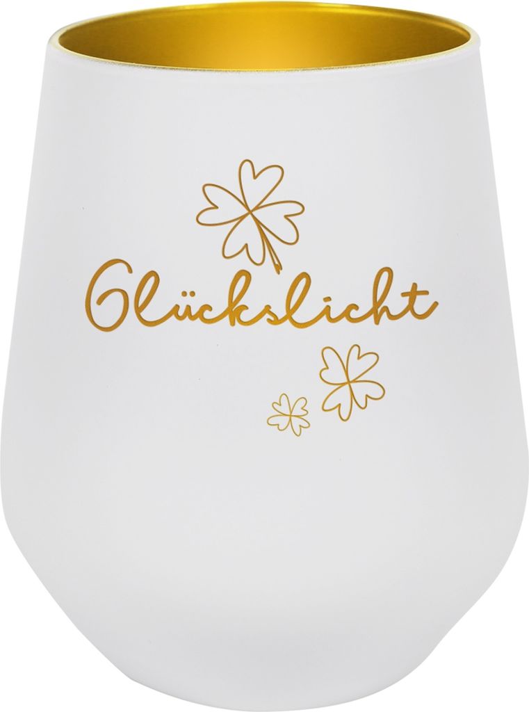 Glücksbringer Windlicht aus Glas mit Gravur "Glückslicht" (weiß)