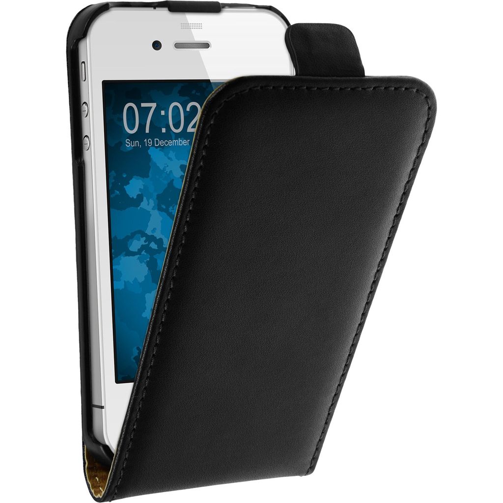 PhoneNatic Kunst-Lederhülle kompatibel mit Apple iPhone 4S - Flip-Case schwarz + 2 Schutzfolien