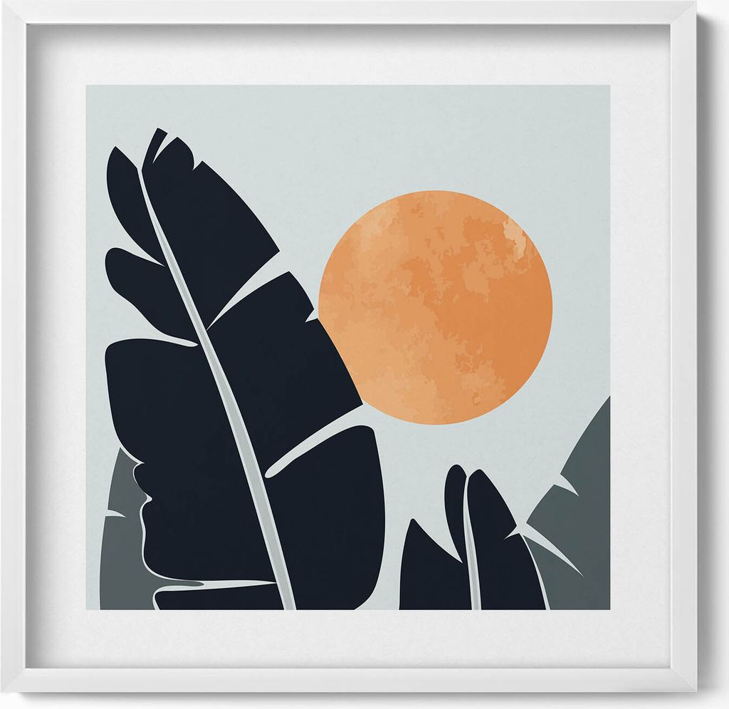 Minimalistische Pflanzen und Sonne im Boho-Stil– Wandbild mit Rahmen – Gerahmtes Bild – Wanddekoration – 50x50 cm – Weiß Rahmen