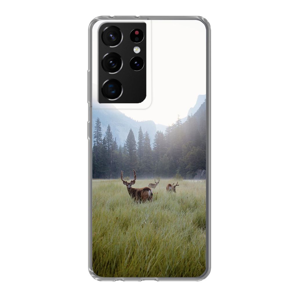 MuchoWow Handyhülle Schutzhülle Hülle für Samsung Galaxy S21 Ultra Wald - Hirsche - Nebel Silikon Softcase Handy Hülle - Mobiltelefon