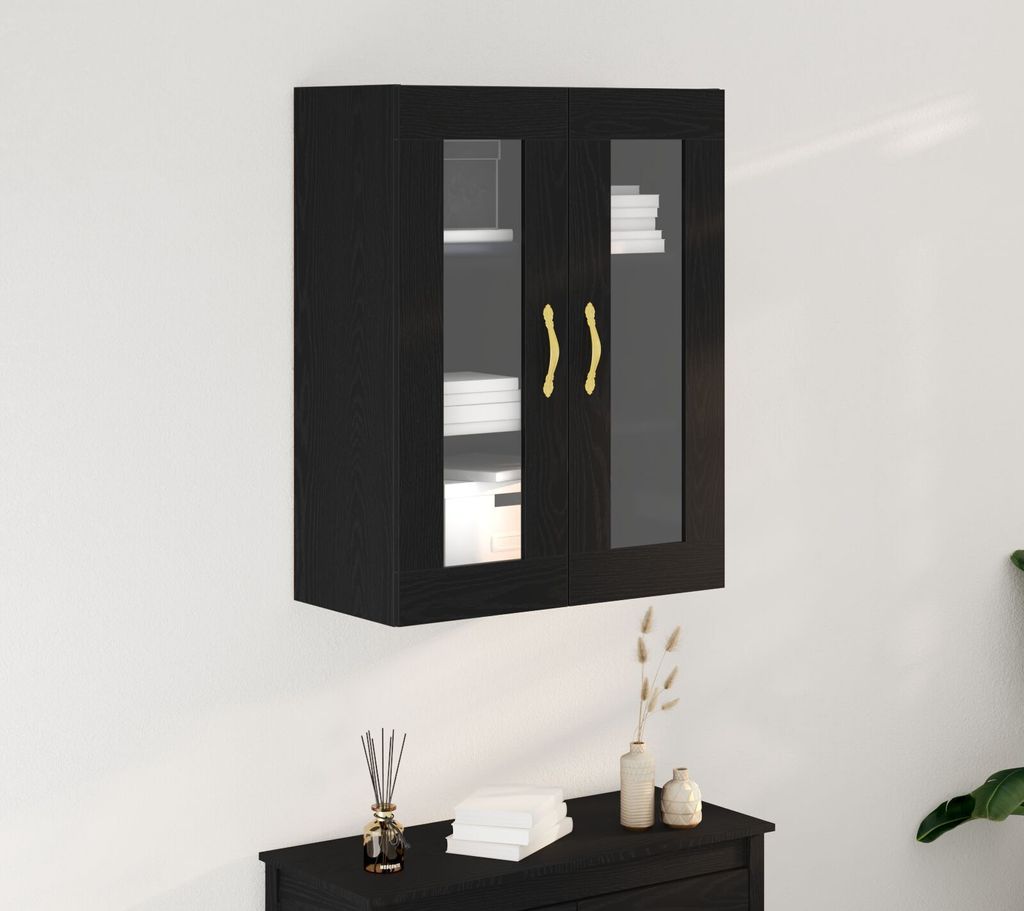 Möbel Wandschrank mit Glastüren Schwarz Eiche 69,5x34x90 cm - Kommoden 862164