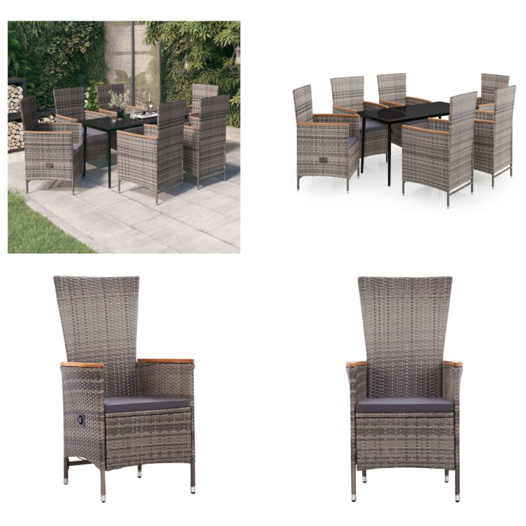 vidaXL 7 tlg. Garten Essgruppe mit Kissen Grau - Garten Essgruppe - Garten Essgruppen - Gartenmöbel Set - Garten Möbelset