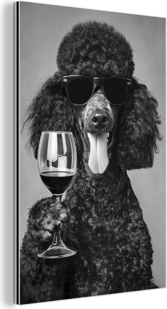 MuchoWow Wanddekoration Metall Metallbild Wandkunst 60x90 cm Hund - Locken - Sonnenbrille - Wein MuchoWow Aluminium Gemälde - Wandbilder - Aluminium