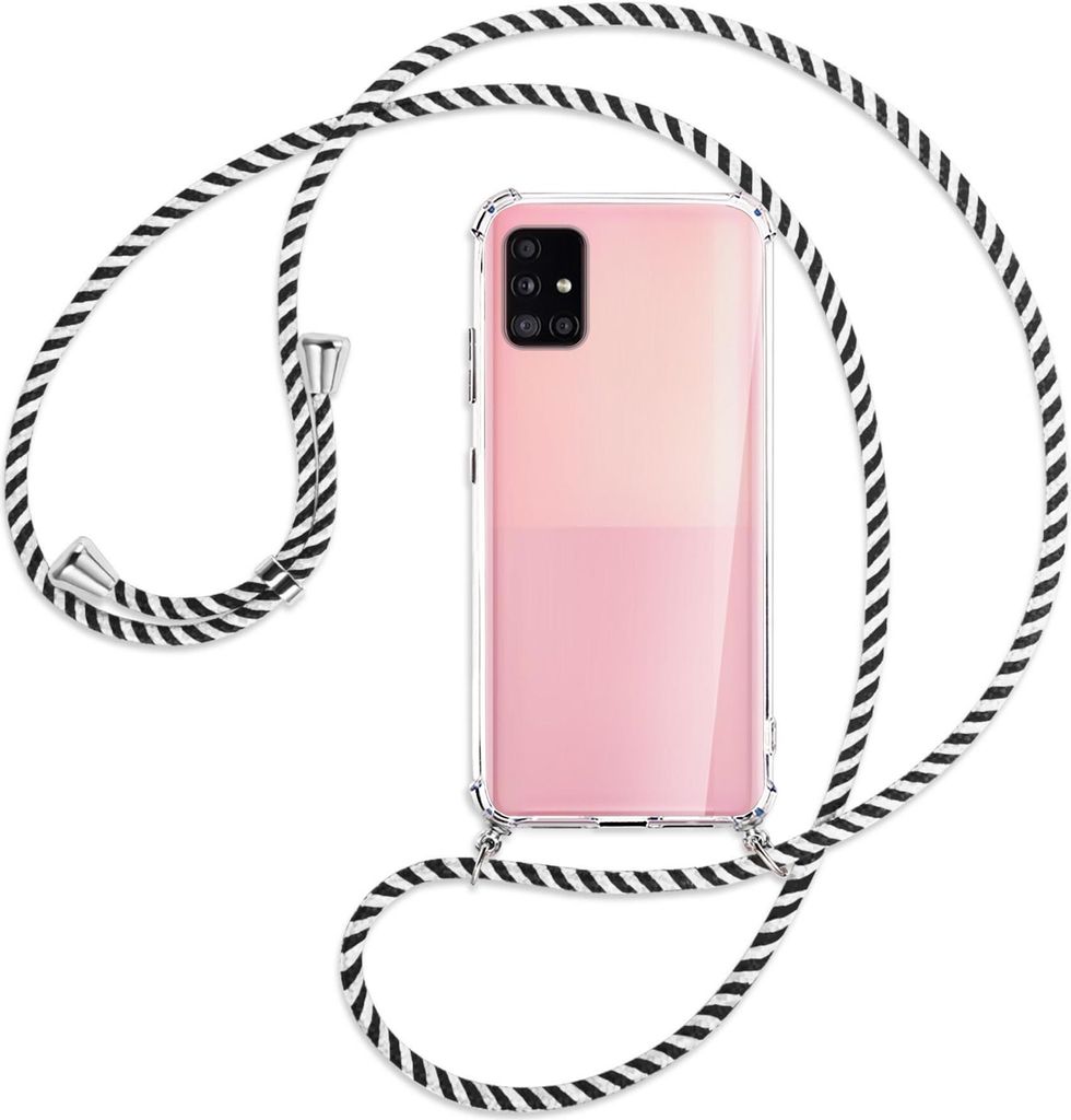 Handykette Backcover-Schutzhülle mit Band (Metall silberfarben) für Samsung Galaxy A51 5G (A516) - schwarz/weiß gestreift