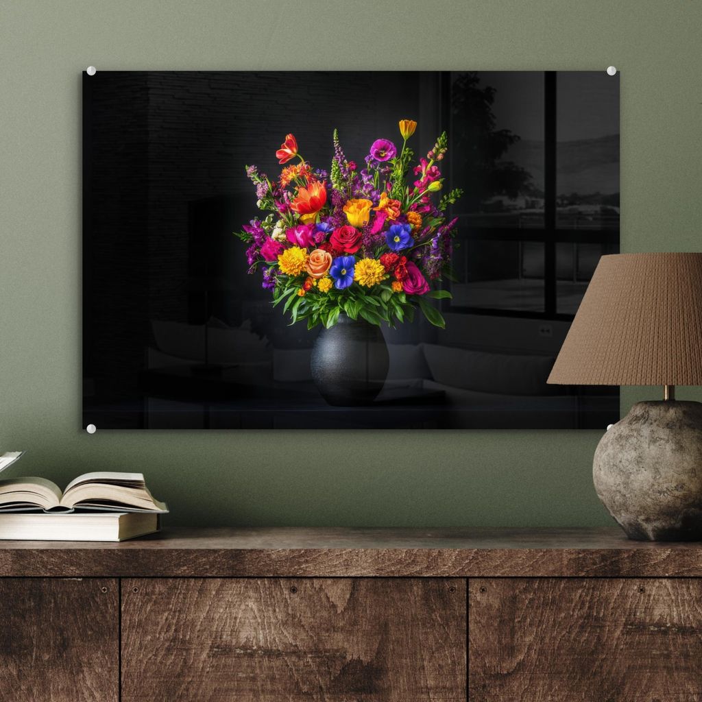 MuchoWow Glasbilder - Bilder auf Wandbild - Foto auf Glas Leuchtend bunt - Blumen - Vase 60x40 cm Wanddekoration aus Glas - Acrylglasbild - Acrylbi...