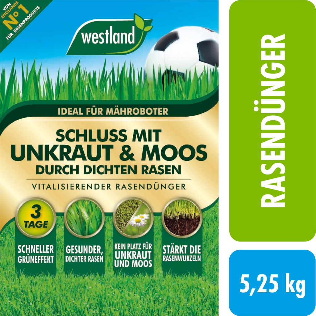 Westland Schluss mit Unkraut & Moos, Vitalisierender Rasendünger für einen dichten Rasen, Ideal für Mähroboter, 5,25 kg, 150m², 734268