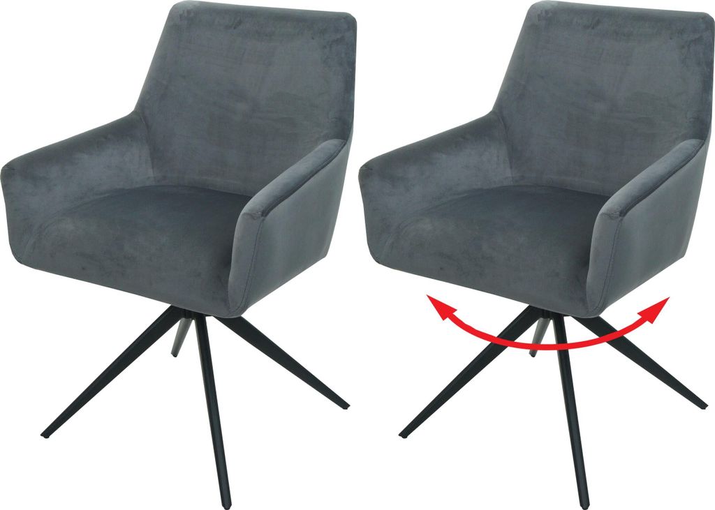 2er-Set Esszimmerstuhl HWC-L91, Küchenstuhl Armlehne drehbar Auto-Position Stoff MVG dunkelgrau