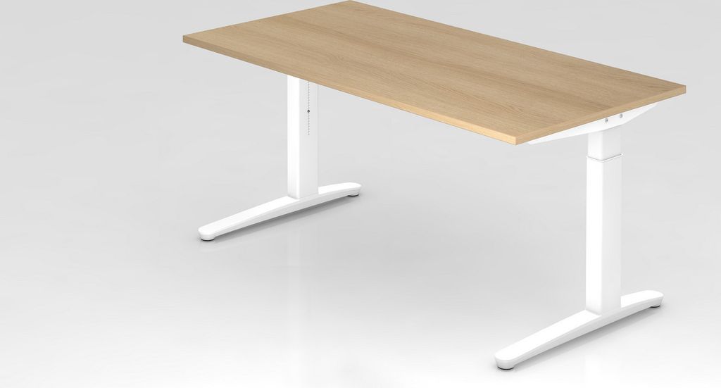 Schreibtisch Mika | Eiche | Weißes Gestell | BxT 160x80cm | Arbeitshöhe 65-85cm | höhenjustierbar, 1cm Raster | C-Fuß-Gestell | Rechteckform