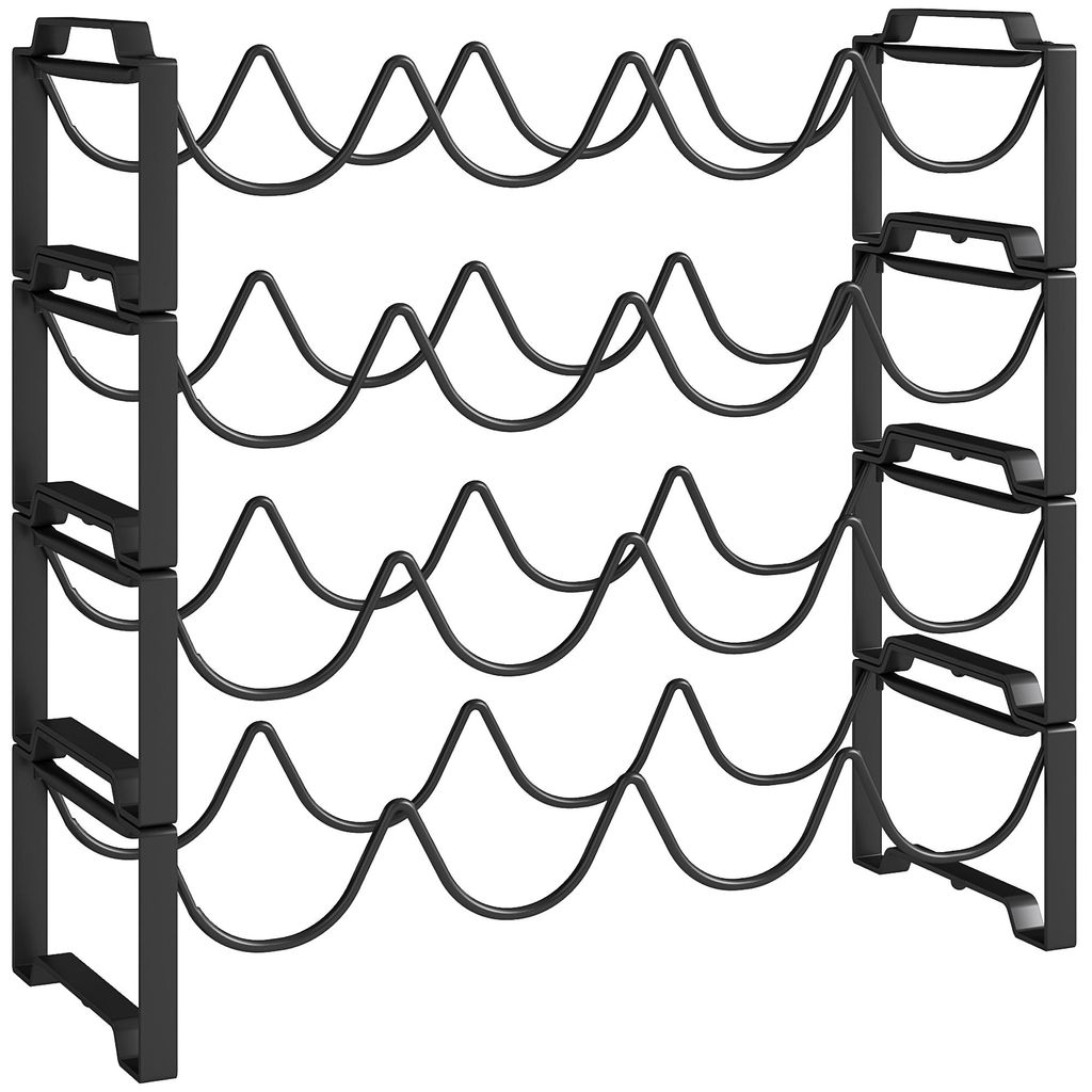 FORSMANO Weinregal für 16 Flaschen, Stapelbar, 4 Ebenen Flaschenhalter aus Metall, Modern, Flaschenständer für Küche & Esszimmer, Schwarz