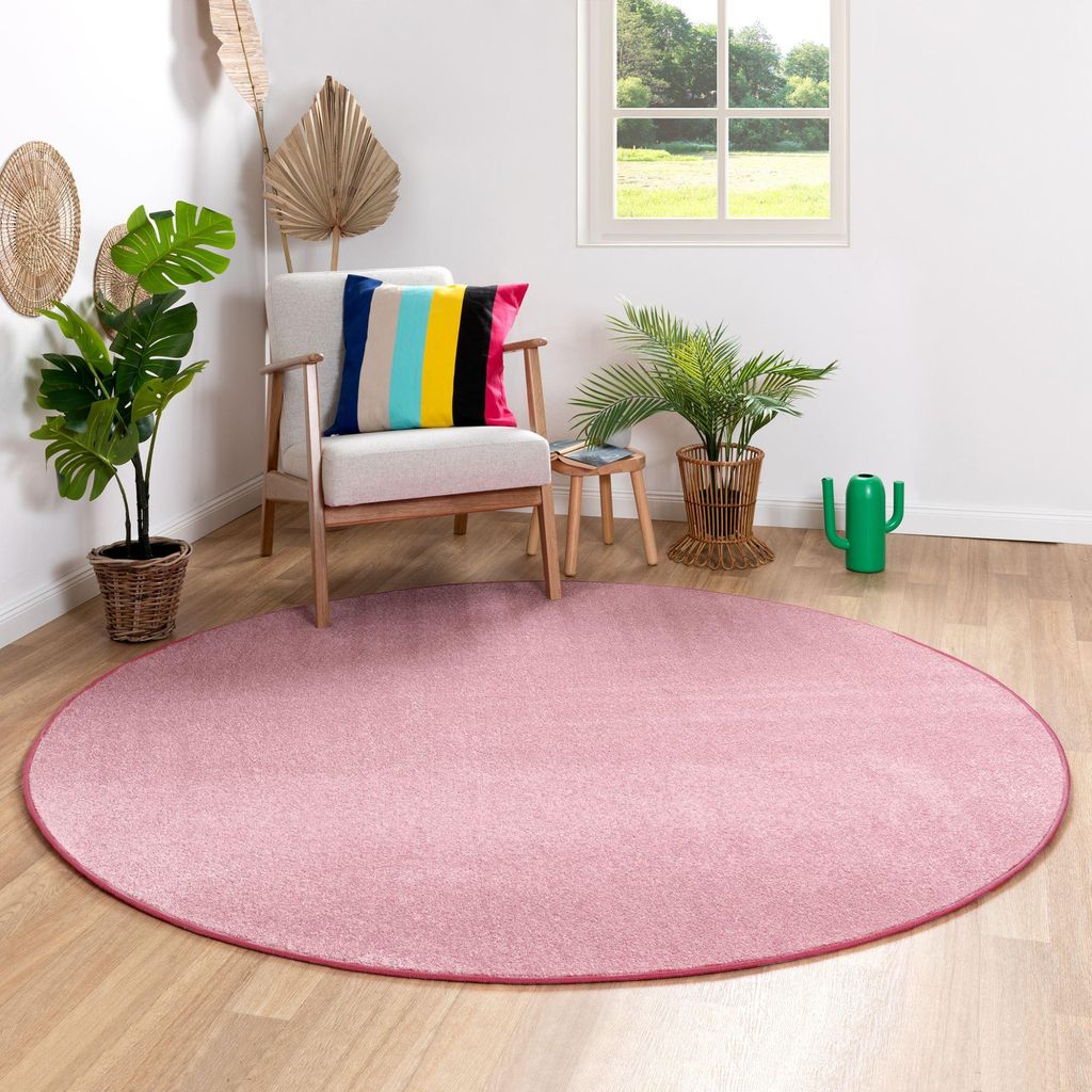 Steffensmeier Kurzflor Teppich Ibiza - Rund | Rund | Wohnzimmerteppich | modern | strapazierfähig und pflegeleicht | Rosa | Größe: Ø 200 cm