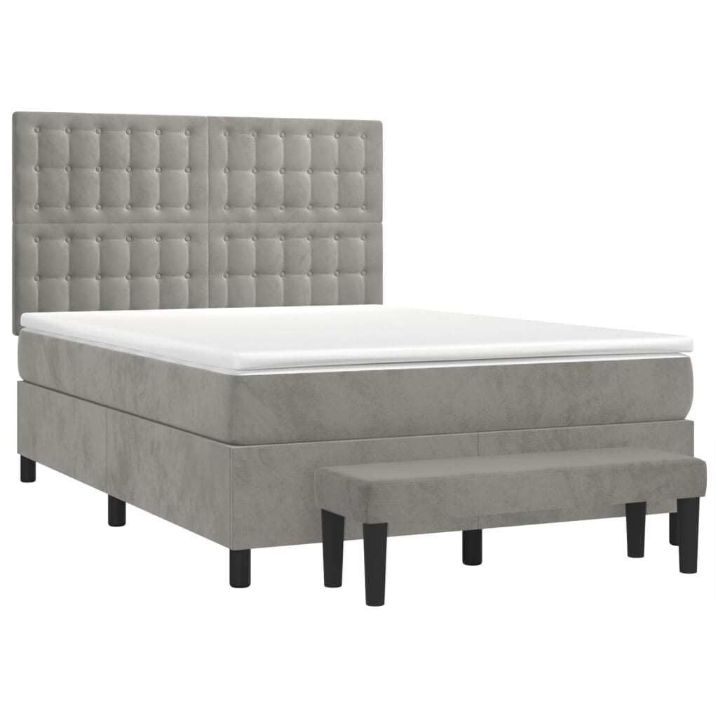Hochwertigen Möbel Klassische Betten - Grau BoxspringBett - Doppelbett mit Matratze Hellgrau 140x190cm Samt NEU7517146
