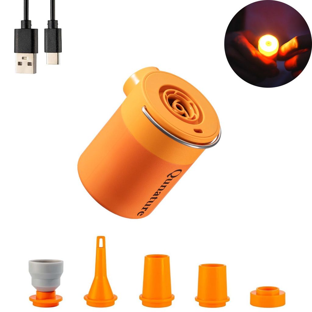 Qunature 3 in 1 Leicht Mini Elektrische Luftpumpe 1500mAh Beleuchtbar Camping Air Pump, Magnetische Lampe, Mit 5 Luftdüsen, Orange