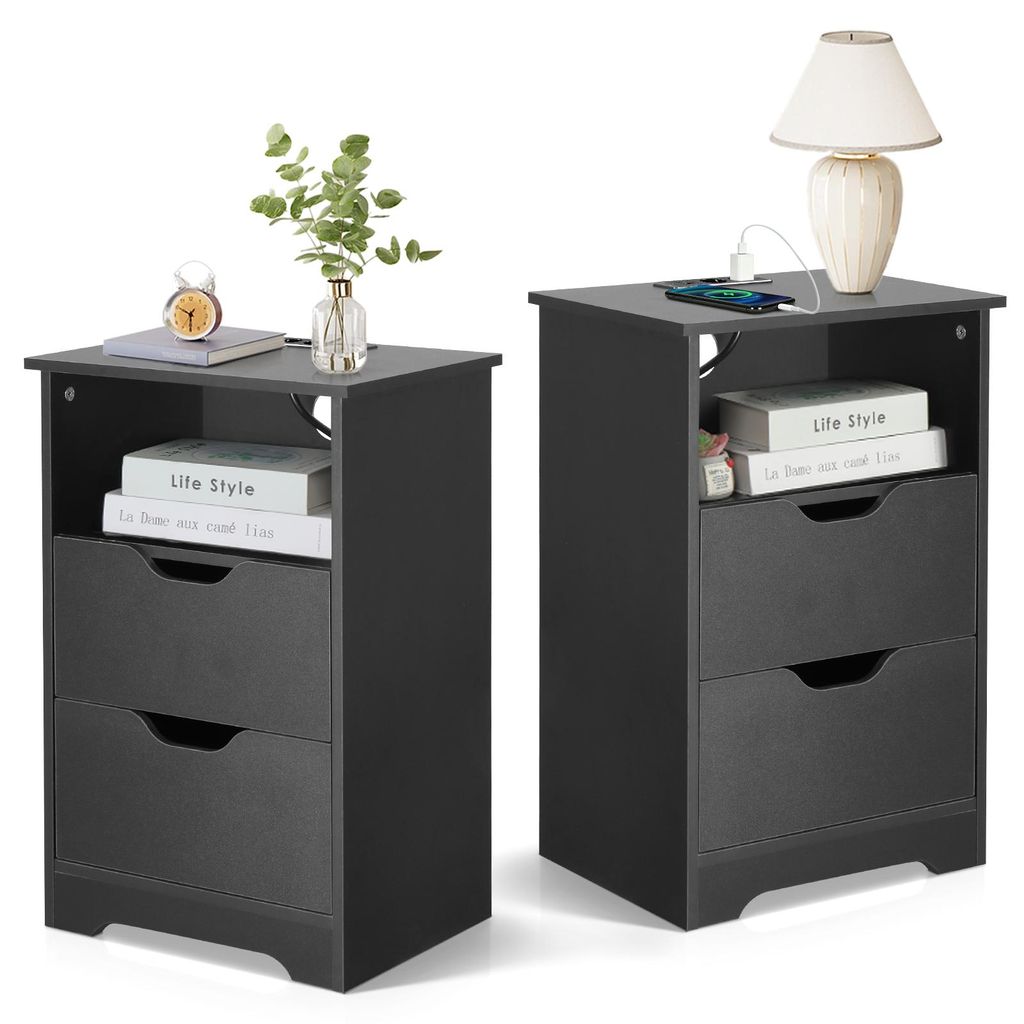 Two black nightstands are shown side-by-side against a white background.